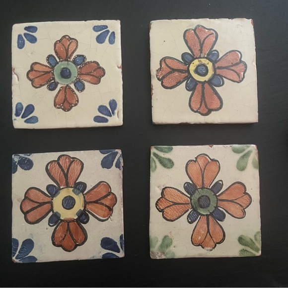 Mexican Hand Painted Terra-Cotta Talavera Vintage Tiles Set of 4 - Picture 1 of 15